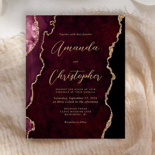 Budget Burgundy Agate Chic Script Wedding Invite