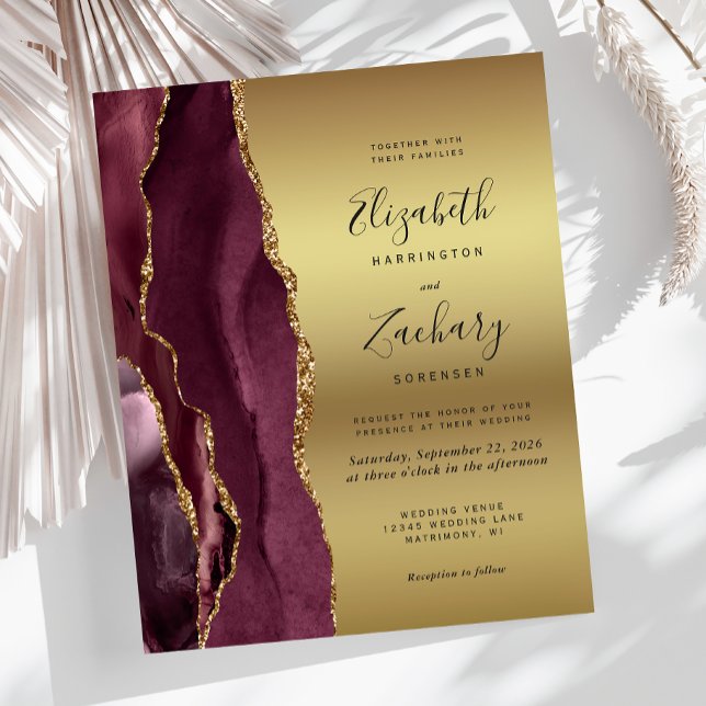 Budget Burgundy Agate Gold Wedding Invite (Creator Uploaded)