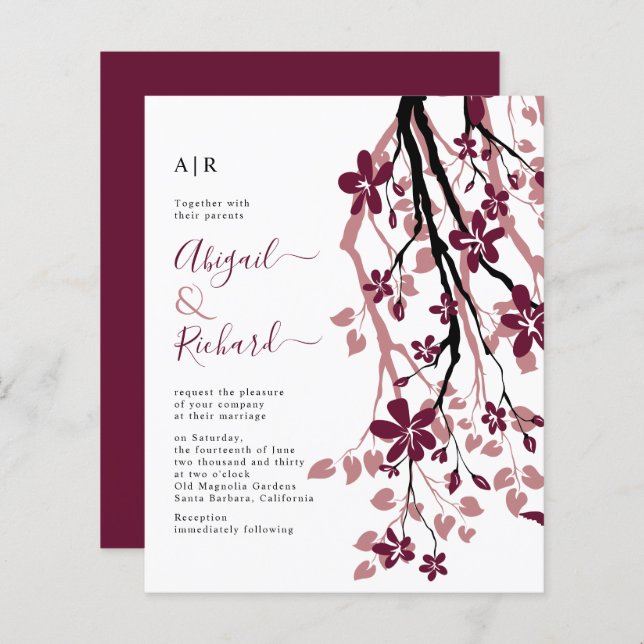 BUDGET Burgundy and dusty rose wedding invitation (Front/Back)