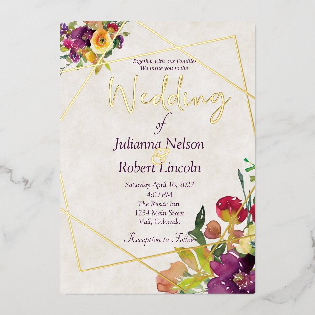 Budget Burgundy and yellow floral  Foil Invitation (Front)