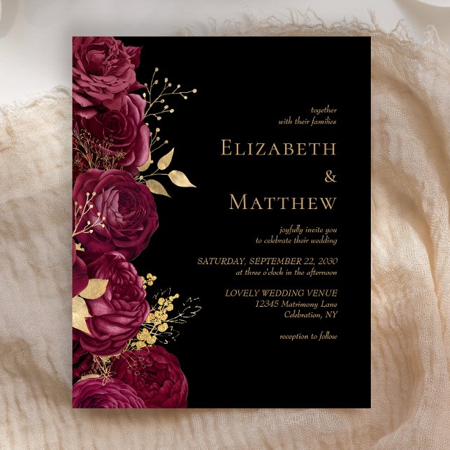Budget Burgundy Black Floral Wedding Invite (Creator Uploaded)