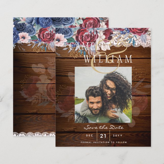 Budget Burgundy Blue Floral Lace Wedding SAVE DATE (Front/Back)