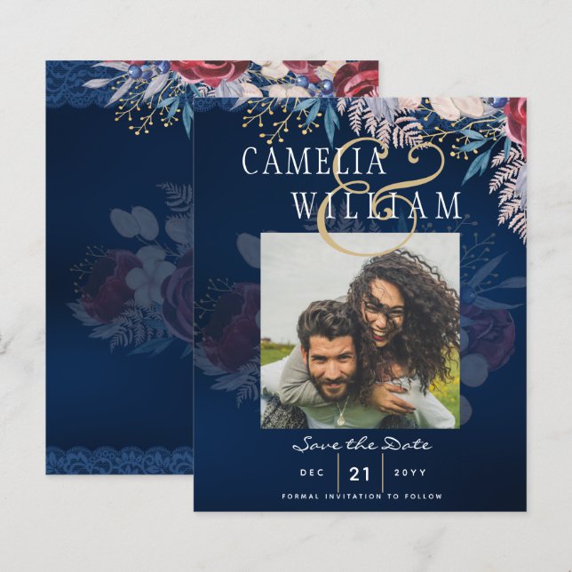 Budget Burgundy Blue Floral Lace Wedding SAVE DATE (Front/Back)