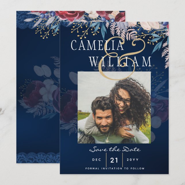 Budget Burgundy Blue Floral Lace Wedding SAVE DATE Invitation (Front/Back)