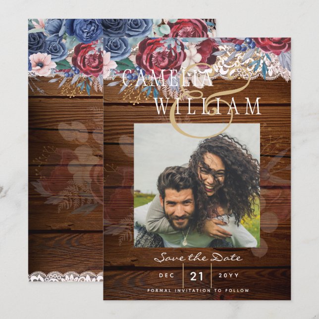 Budget Burgundy Blue Floral Lace Wedding SAVE DATE Invitation (Front/Back)