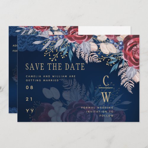 Budget Burgundy Blue Floral Lace Wedding SAVE DATE Save The Date
