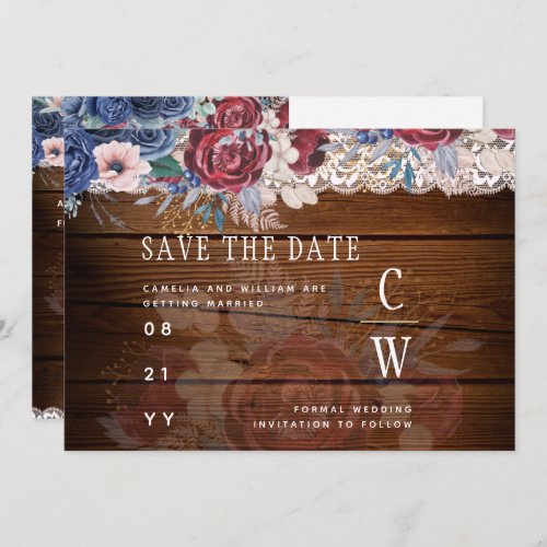 Budget Burgundy Blue Floral Lace Wedding SAVE DATE Save The Date