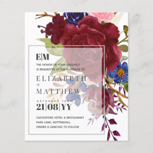 Budget Burgundy Blue Modern Floral Wedding Invites