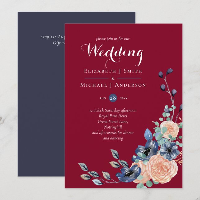 Budget Burgundy Blue Peach Floral Wedding (Front/Back)