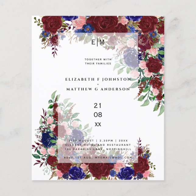Budget Burgundy Blue Pink Floral Wedding Invites (Front)