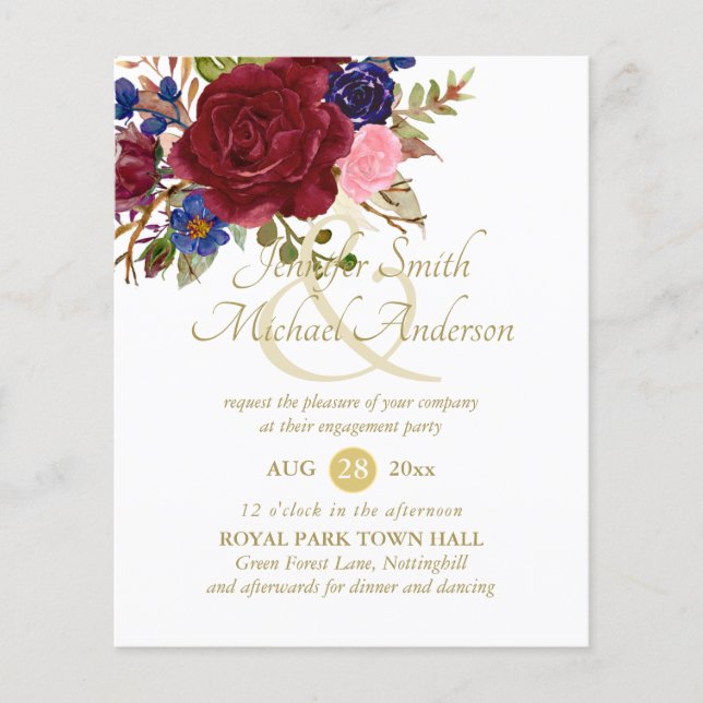 Budget Burgundy Blue Pink Rose Wedding Engagement (Front)