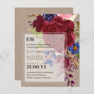 Budget Burgundy Blue Rose Floral Wedding Invites