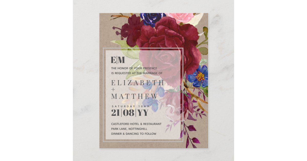 Budget Burgundy Blue Rose Floral Wedding Invites Zazzle Com