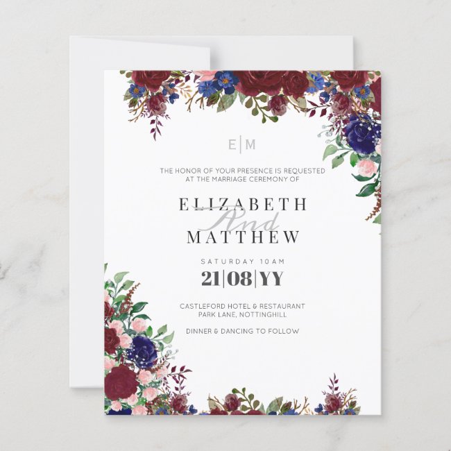 Budget Burgundy Blue Roses Floral Wedding Invites