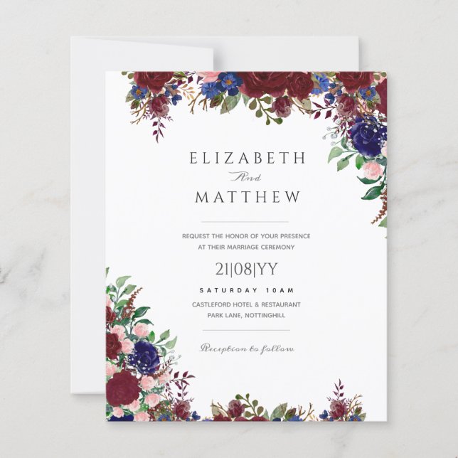 Budget Burgundy Blue Roses Floral Wedding Invites (Front)
