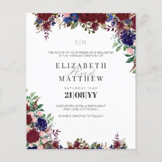 Budget Burgundy Blue Roses Modern Wedding Invites