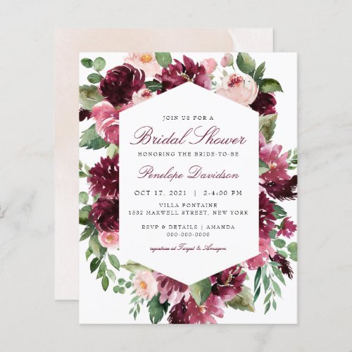 Budget Burgundy Blush Floral Bridal Shower Invite