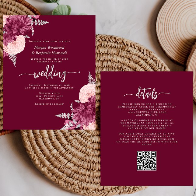 Budget Burgundy Blush Floral QR Code Wedding (Creator Uploaded)