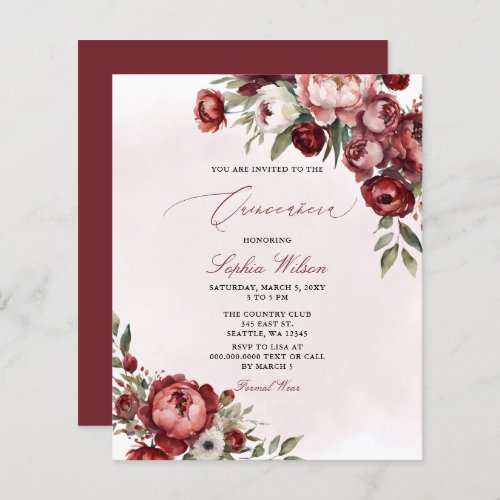 Budget Burgundy Blush Floral Quinceaera Invite