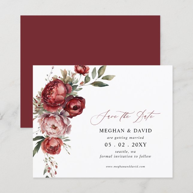 Budget Burgundy Blush Floral Save the Date (Front/Back)