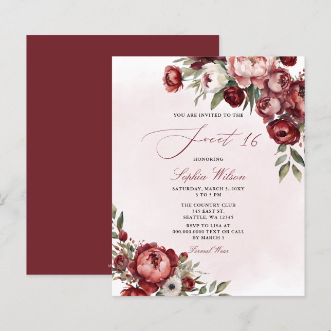 Budget Burgundy Blush Floral Sweet 16 Invitation (Front/Back)