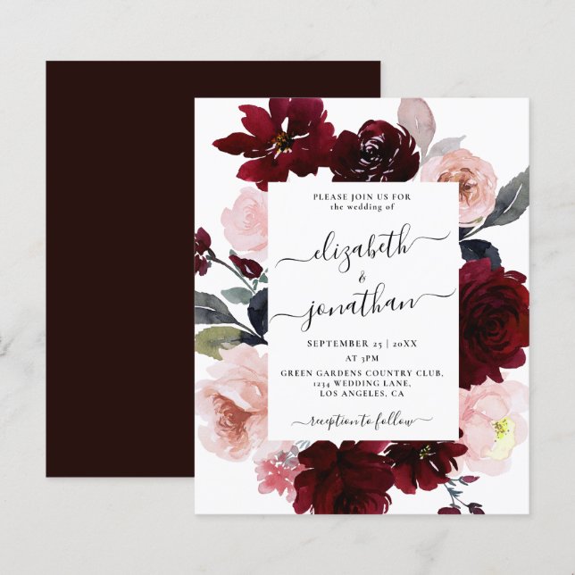 Budget Burgundy Blush Floral Wedding Invitation (Front/Back)