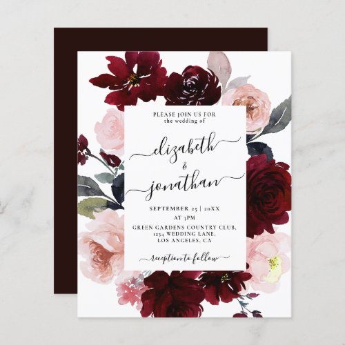 Budget Burgundy Blush Floral Wedding Invitation