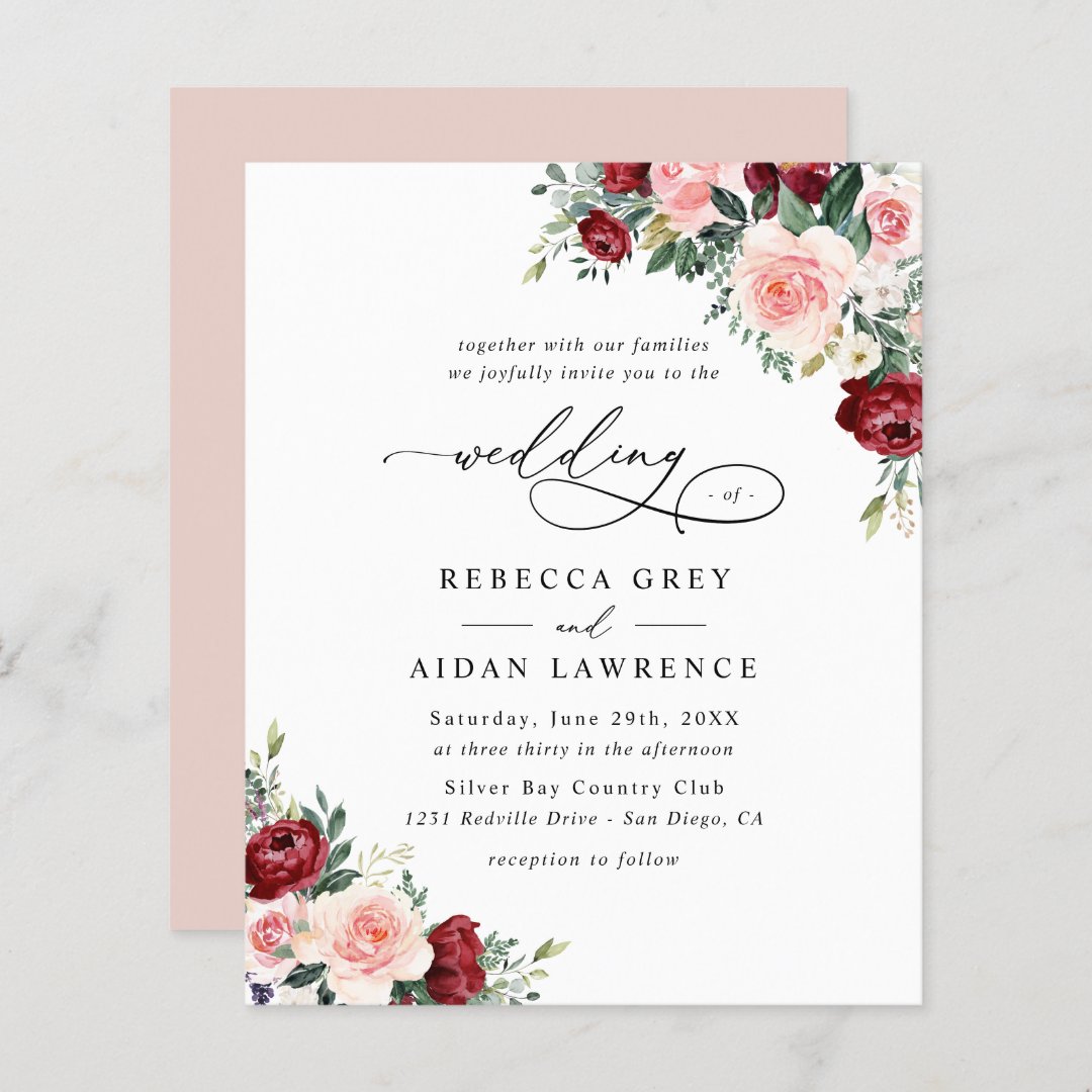 Budget Burgundy Blush Floral Wedding Invitation | Zazzle