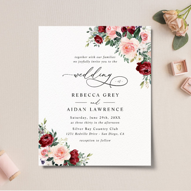 Budget Burgundy Blush Floral Wedding Invitation