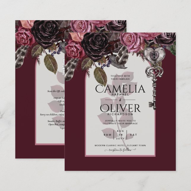 Budget Burgundy Blush Floral Wedding Invite SATIN (Front/Back)
