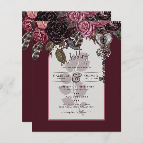 Budget Burgundy Blush Floral Wedding Invite SATIN