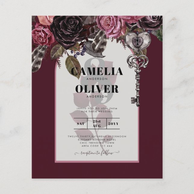 Budget Burgundy Blush Floral Wedding Invite SATIN (Front)