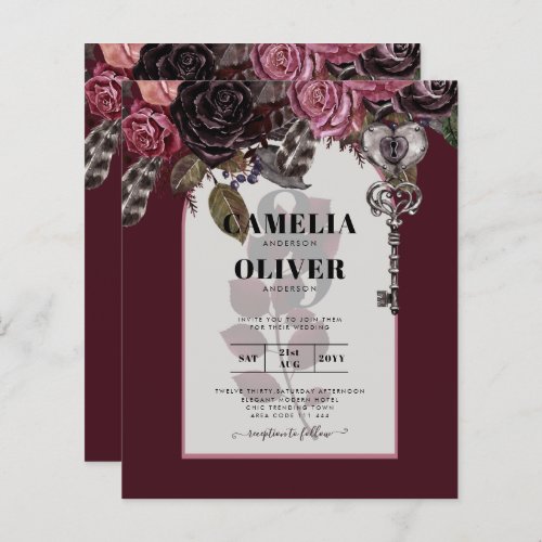 Budget Burgundy Blush Floral Wedding Invite SATIN