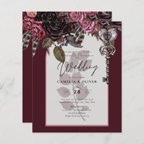 Budget Burgundy Blush Floral Wedding Invite SATIN