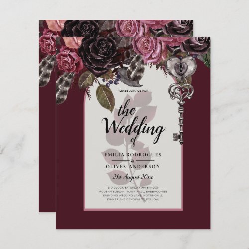 Budget Burgundy Blush Floral Wedding Invite SATIN