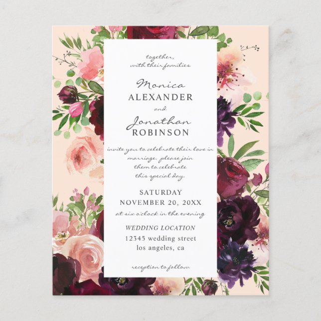 Budget Burgundy & Blush Floral Wedding on Pink Flyer (Front)