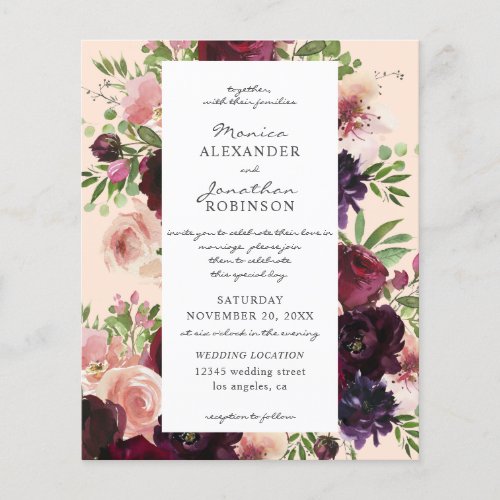 Budget Burgundy  Blush Floral Wedding on Pink Flyer