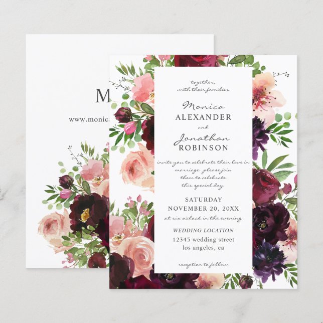 Budget Burgundy & Blush Floral Wedding on White (Front/Back)