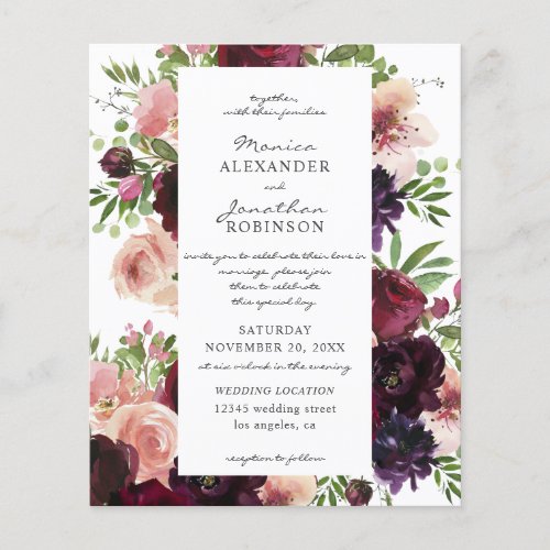 Budget Burgundy  Blush Floral Wedding on White Flyer