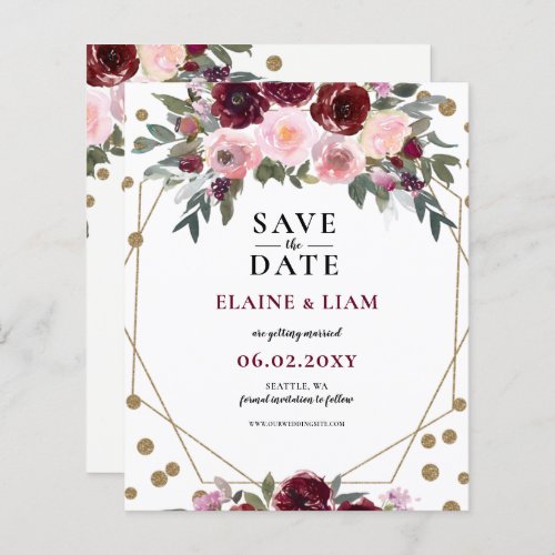 Budget Burgundy Blush Gold Floral Save the Date