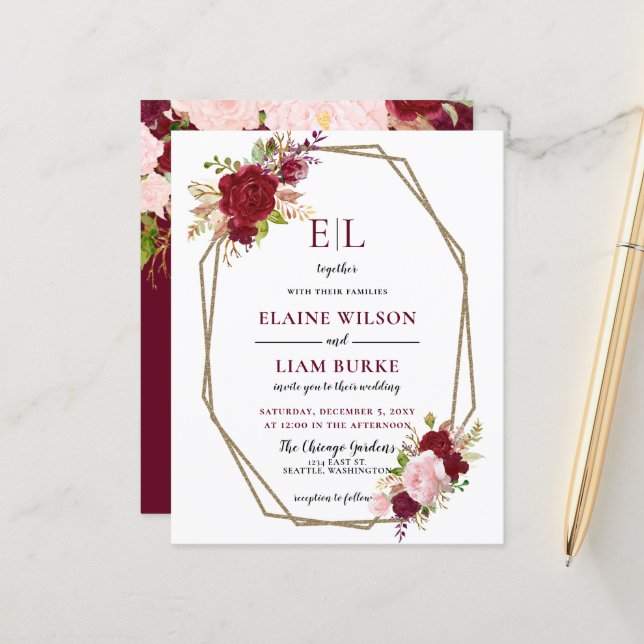 Budget Burgundy Blush Monogram Wedding Invitation (Front/Back In Situ)