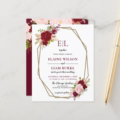 Budget Burgundy Blush Monogram Wedding Invitation