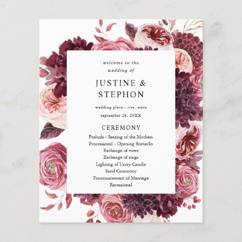 Budget Burgundy  Blush Pink 8B Wedding Ceremony Flyer