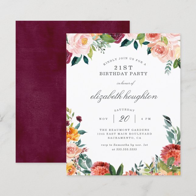 Budget Burgundy Blush Pink Floral Birthday Party (Front/Back)