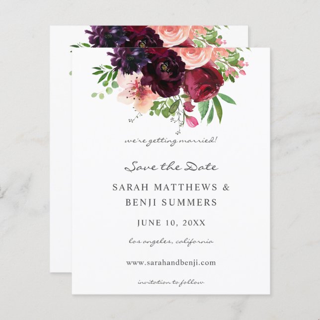 Budget Burgundy &Blush Pink Floral Save the Date 2 (Front/Back)