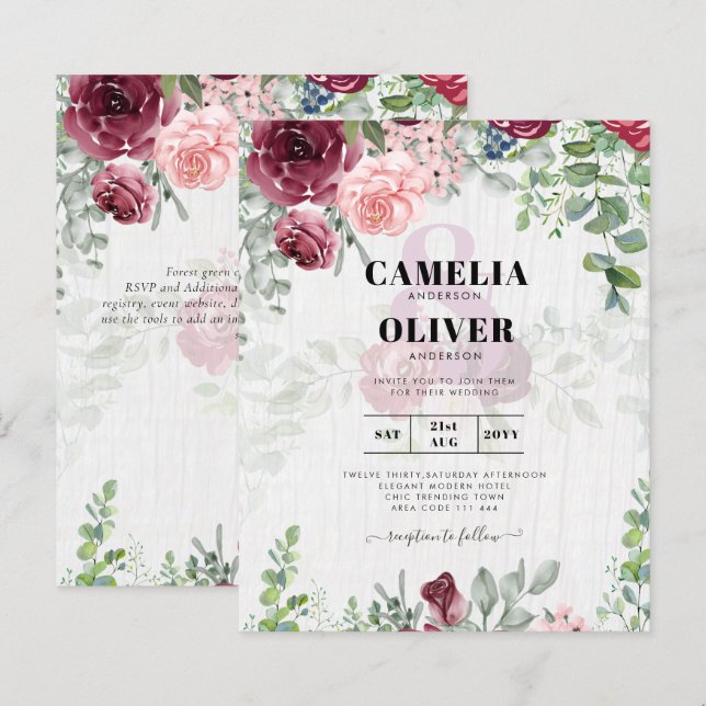 BUDGET Burgundy Blush Pink Floral Wedding INVITE (Front/Back)