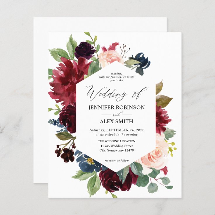 Budget Burgundy Blush Pink And Navy Floral Wedding Zazzle