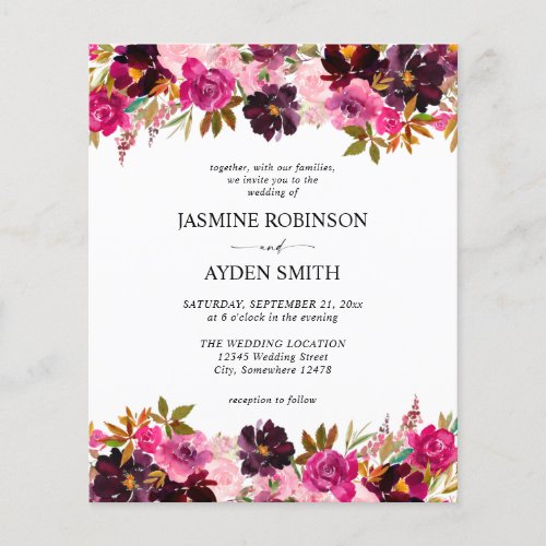 Budget Burgundy Blush Pink  Purple Floral Wedding Flyer