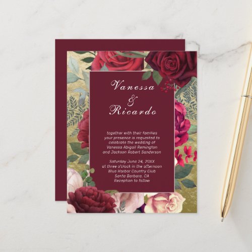 Budget Burgundy Blush Red Roses Wedding Invitation