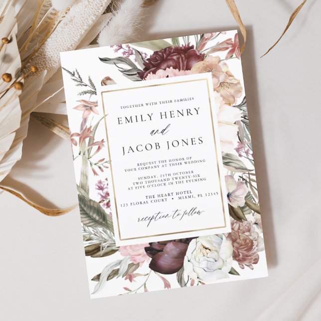 Budget Burgundy Boho Floral Wedding Invitation (Creator Uploaded)